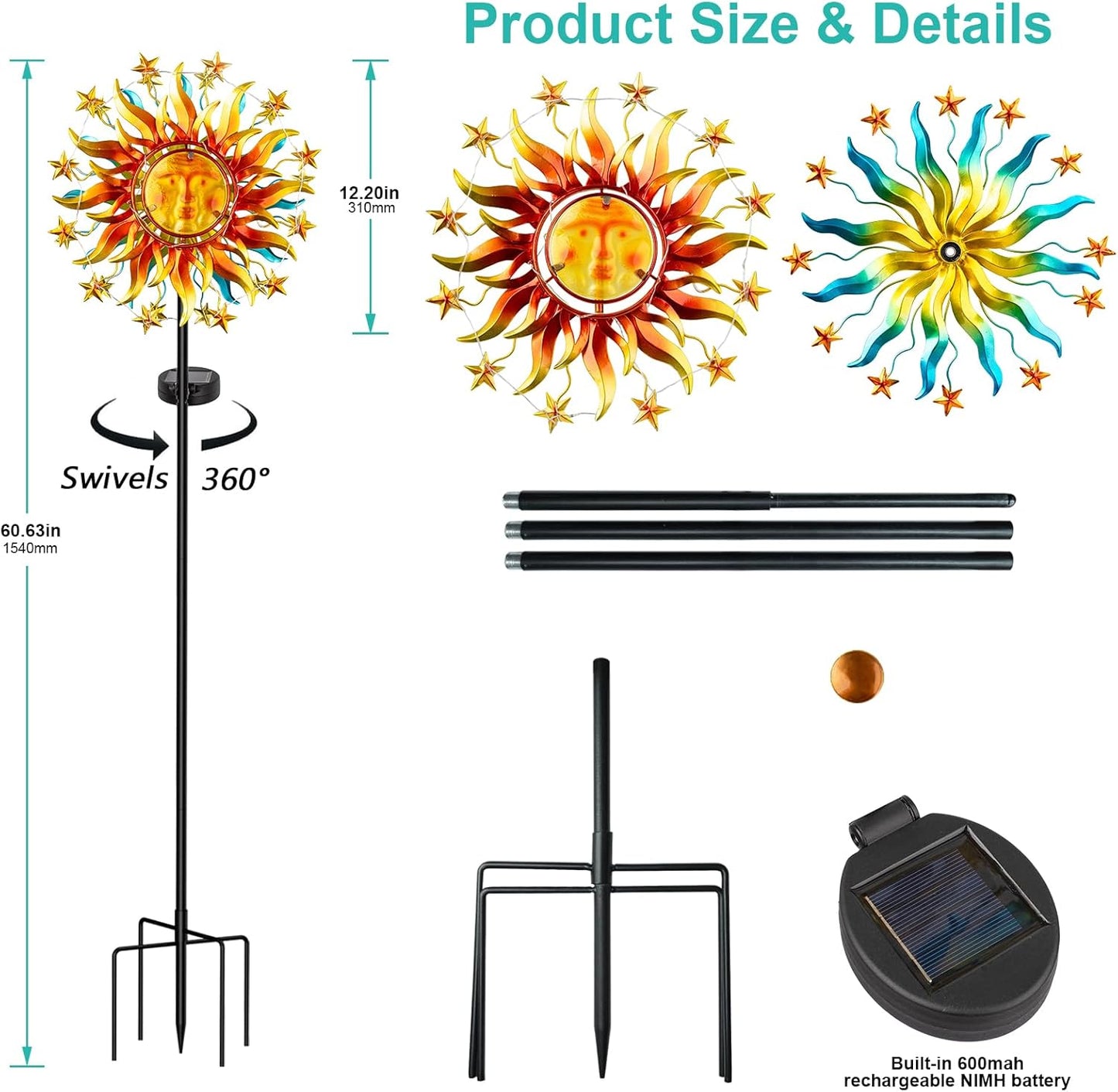 Solar Wind Spinner Metal Sun Decor, Wind Sculptures & Spinners 60.3 in Garden Kinetic Art with