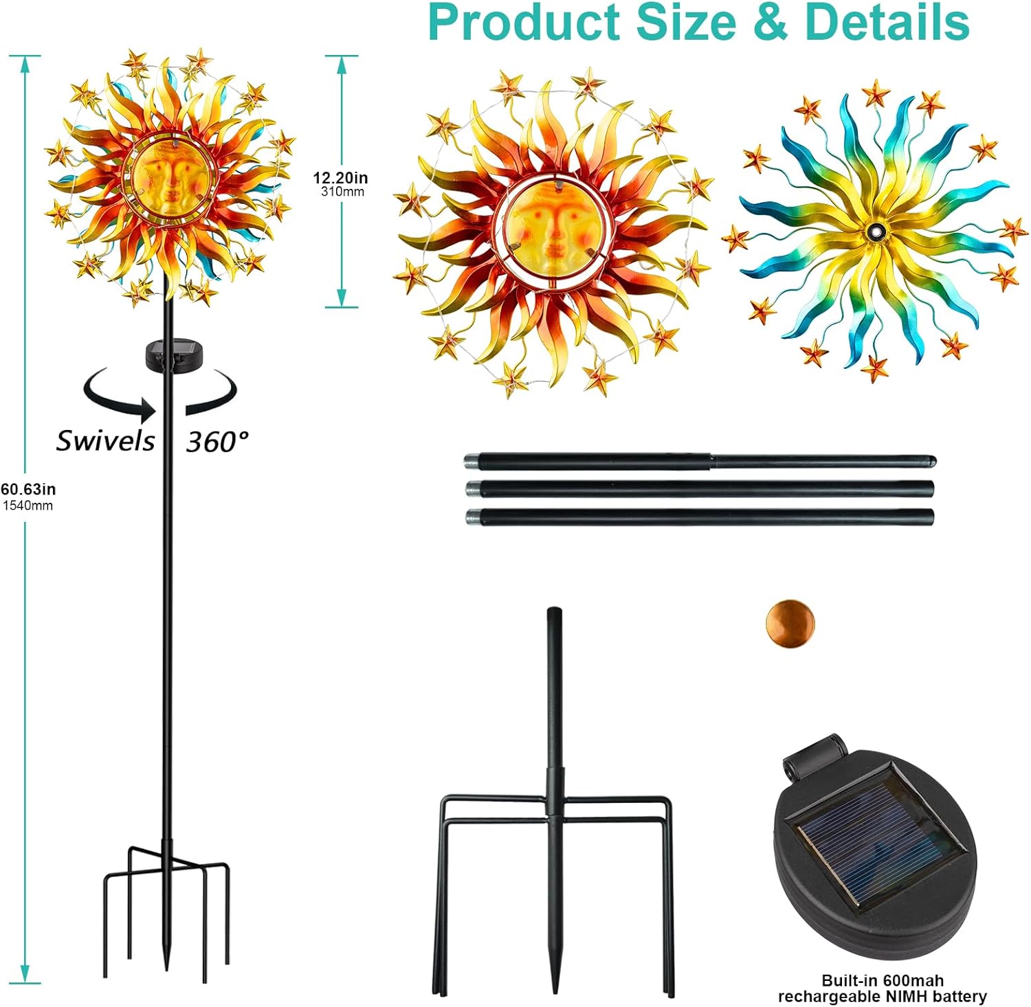 Solar Wind Spinner Metal Sun Decor, Wind Sculptures & Spinners 60.3 in Garden Kinetic Art with