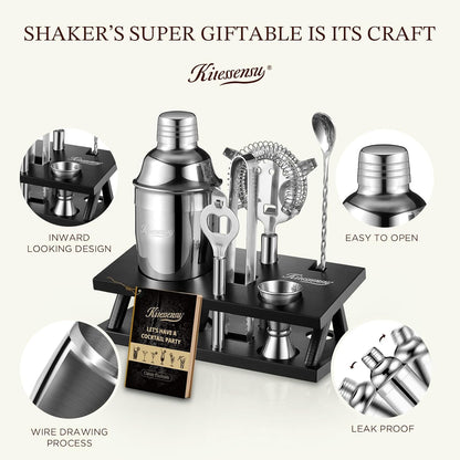 KITESSENSU Cocktail Shaker Set Bartender Kit, 6-Piece Silver Bar Set with Stand, Bar kit with