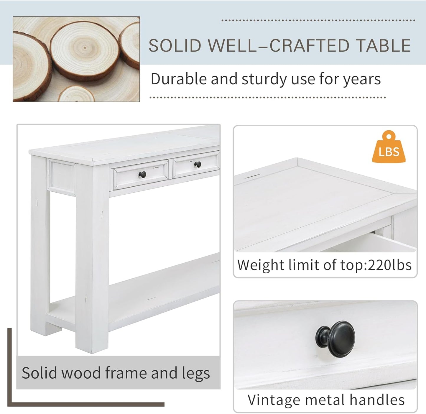 White Console Table,Solid Wood Sofa Table with 4 Drawers Hallway Table for Storage Entry Foyer