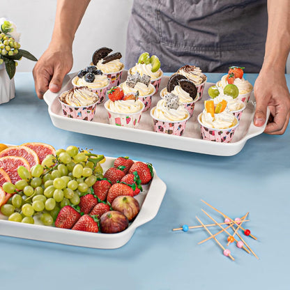 Dizada Large Serving Platter with Handles, 16" x 9" Porcelain Serving Tray, White Rectangular