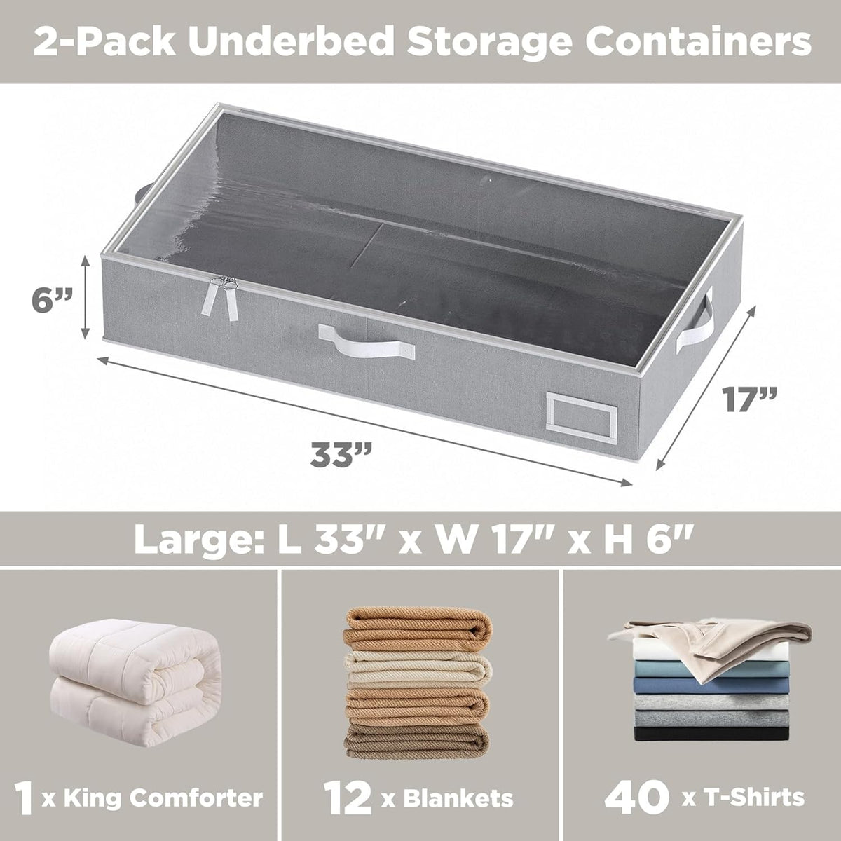 Under Bed Storage Containers, 2-Pack Underbed Storage Box, Collapsible Clothes Storage Bins with