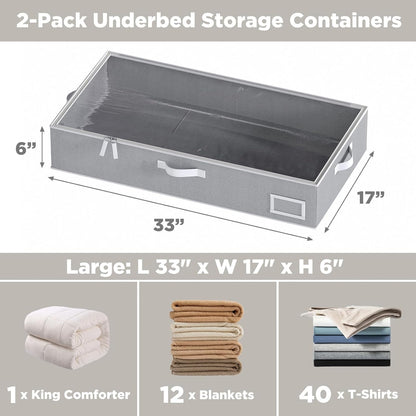 Under Bed Storage Containers, 2-Pack Underbed Storage Box, Collapsible Clothes Storage Bins with