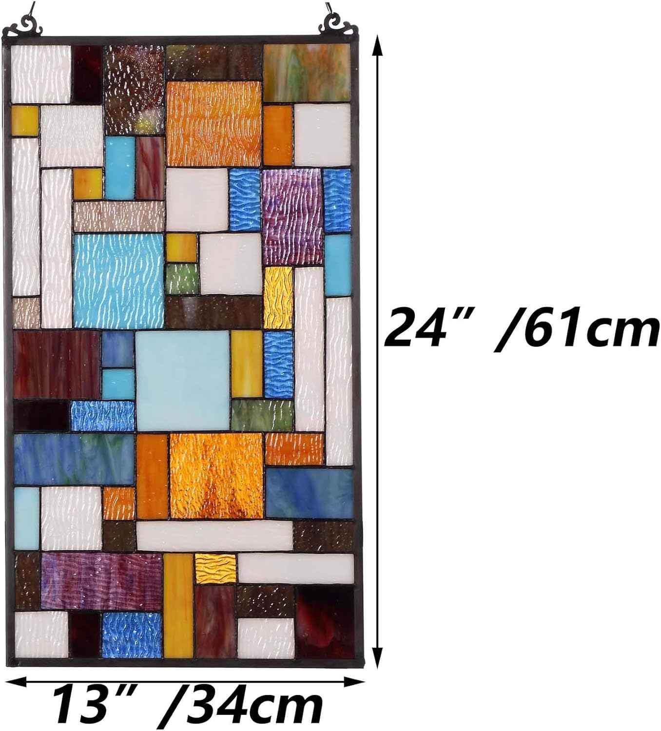Bieye Geometric Color Block Tiffany Style Stained Glass Window Panel with Hanging Chain (13x24