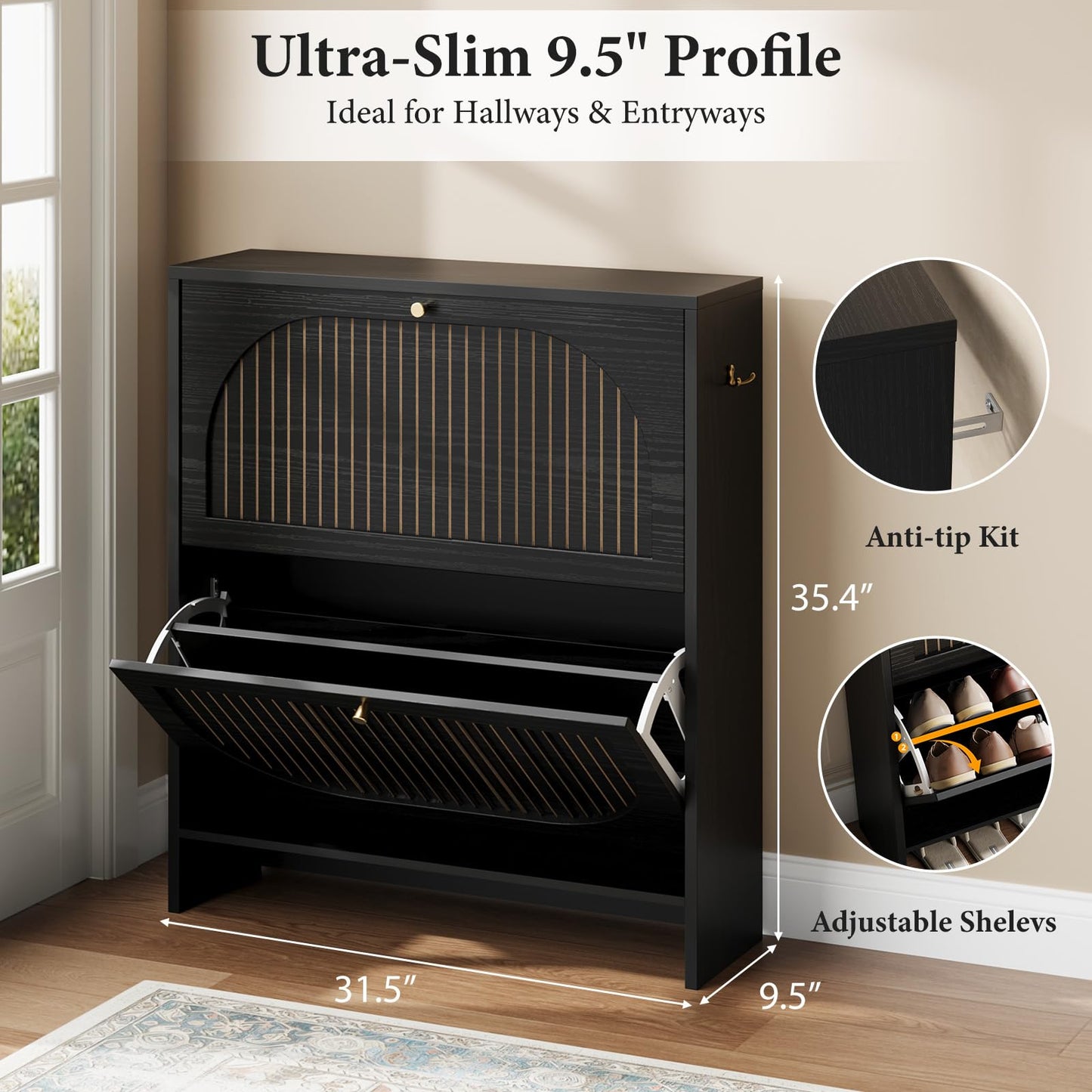 Nicetree Arch-Chic Shoe Cabinet for Entryway, 2 Flip Drawers Shoe Storage Cabinet with Fluted Slim