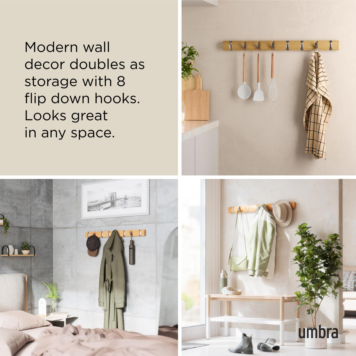 Umbra Flip Coat Rack, Wall Mount 8-Hook, Space Saving, Natural/Nickel
