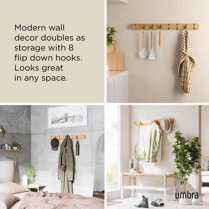 Umbra Flip Coat Rack, Wall Mount 8-Hook, Space Saving, Natural/Nickel