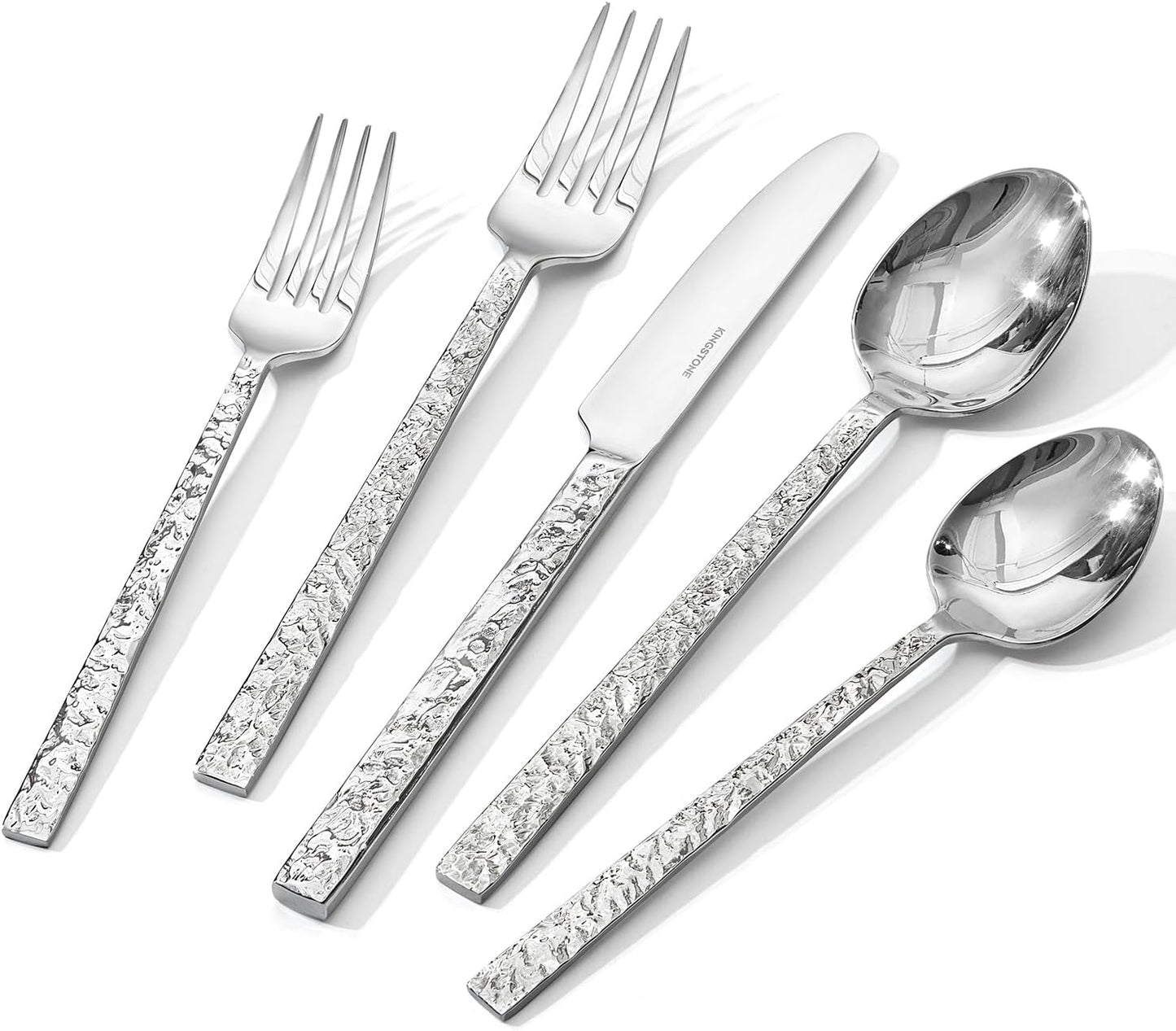 KINGSTONE 60 Pcs Hammered Silverware Set for 12, 18/10 Stainless Steel Heavy Duty Flatware Set