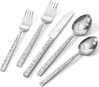 KINGSTONE 60 Pcs Hammered Silverware Set for 12, 18/10 Stainless Steel Heavy Duty Flatware Set