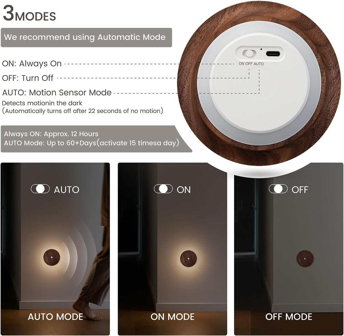 Motion Sensor Night Light Wood Rechargeable Battery-Powered Stick-On Step Lights Loftie Lights