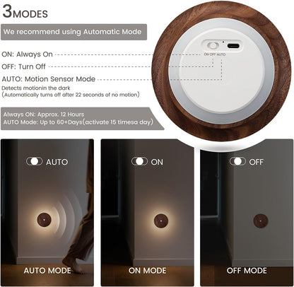 Motion Sensor Night Light Wood Rechargeable Battery-Powered Stick-On Step Lights Loftie Lights