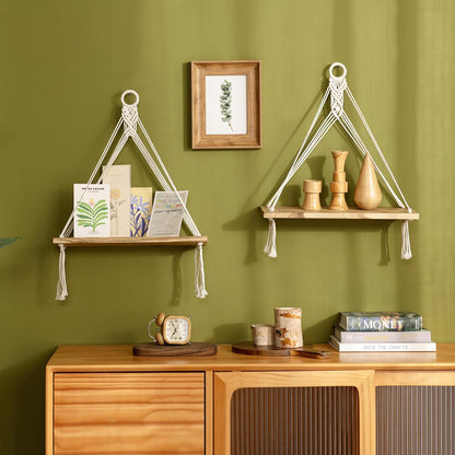 Mkono Macrame Hanging Shelves Boho Wall Decor Set of 2 Rustic Wood Floating Storage Shelf for