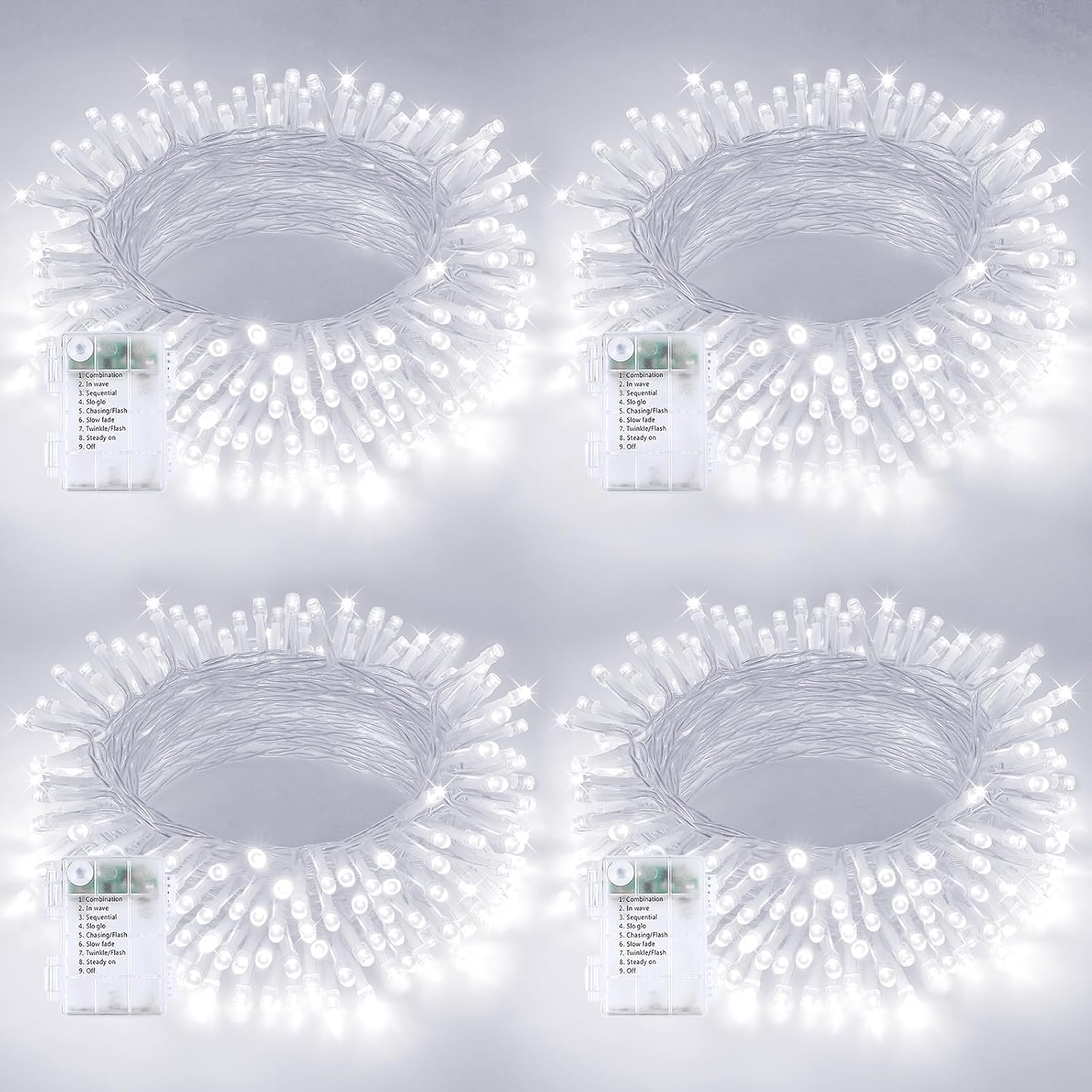 4 Pack String Lights Battery Operated with Timer, 66FT 200 LED Waterproof Battery Twinkle Lights, 8