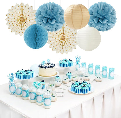 Light-Dusty Blue Beige-Champagne Boho Party-Decorations - 14Pcs Baby Bridal Shower Streamers