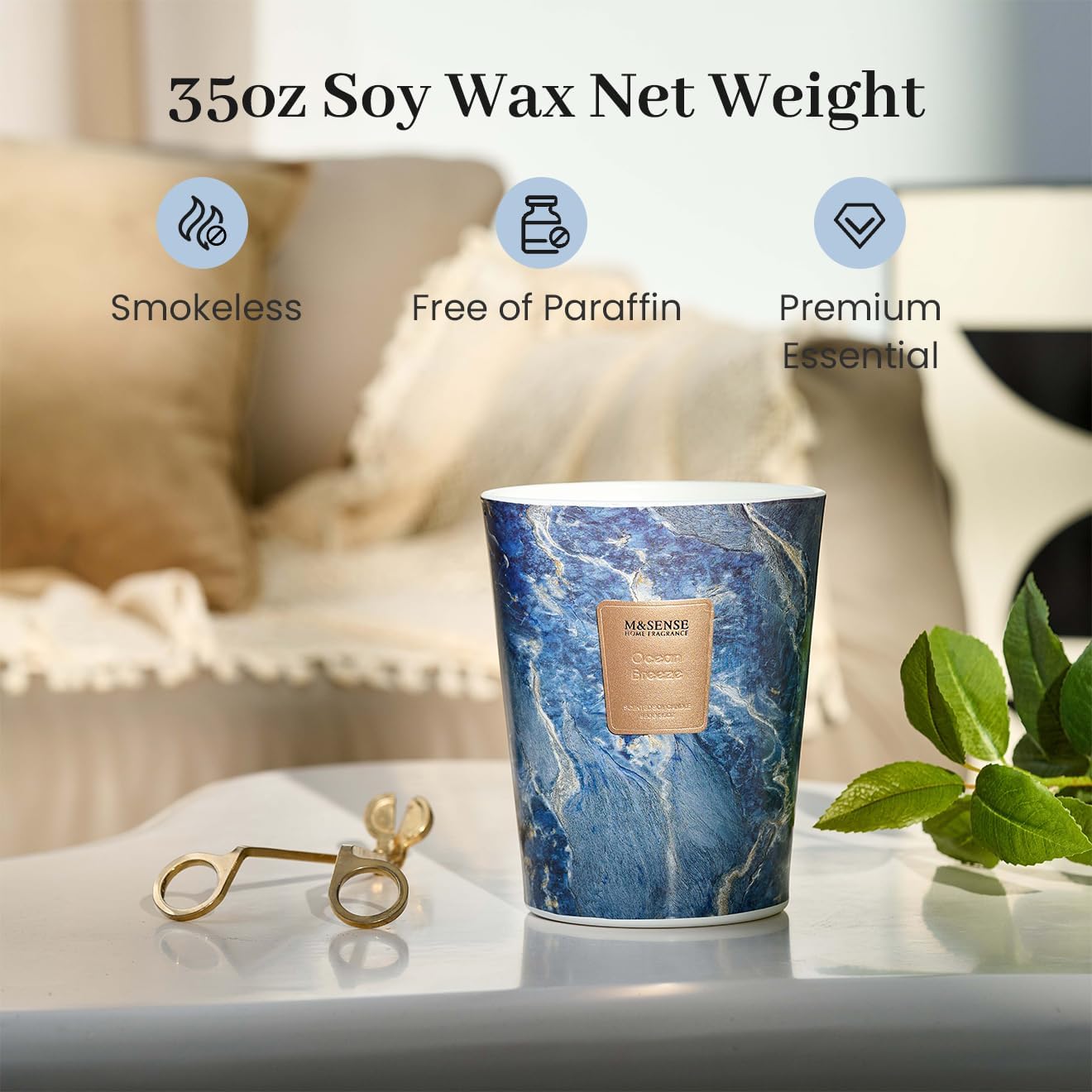 M&SENSE Ocean Breeze Scented Candles for Home, 3-Wick Highly Scented Jar Candles, 35 Oz 150 Hours