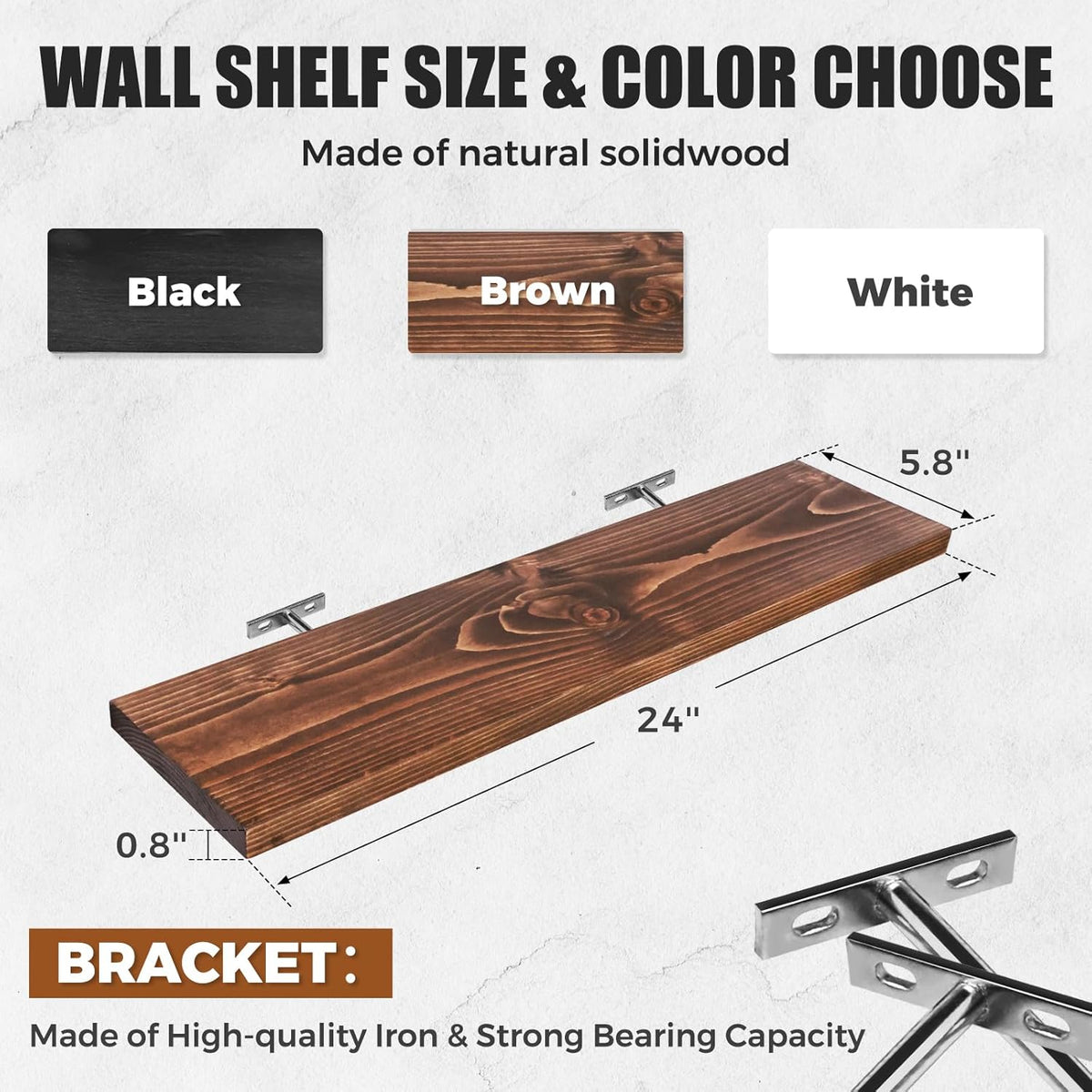 Floating Wall Shelves 3-Pack - 24-Inch Rustic Brown Wooden Shelves for Storage and Décor, Easy