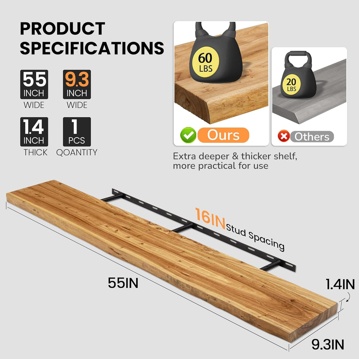 Floating Shelves for Wall, 55"x9.3" Rustic Solid Live-Edge Elm Wood Wall Shelves, Heavy-Duty