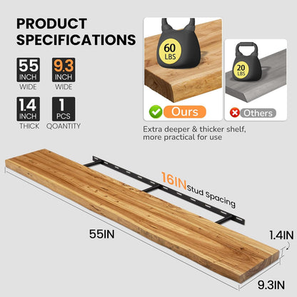 Floating Shelves for Wall, 55"x9.3" Rustic Solid Live-Edge Elm Wood Wall Shelves, Heavy-Duty