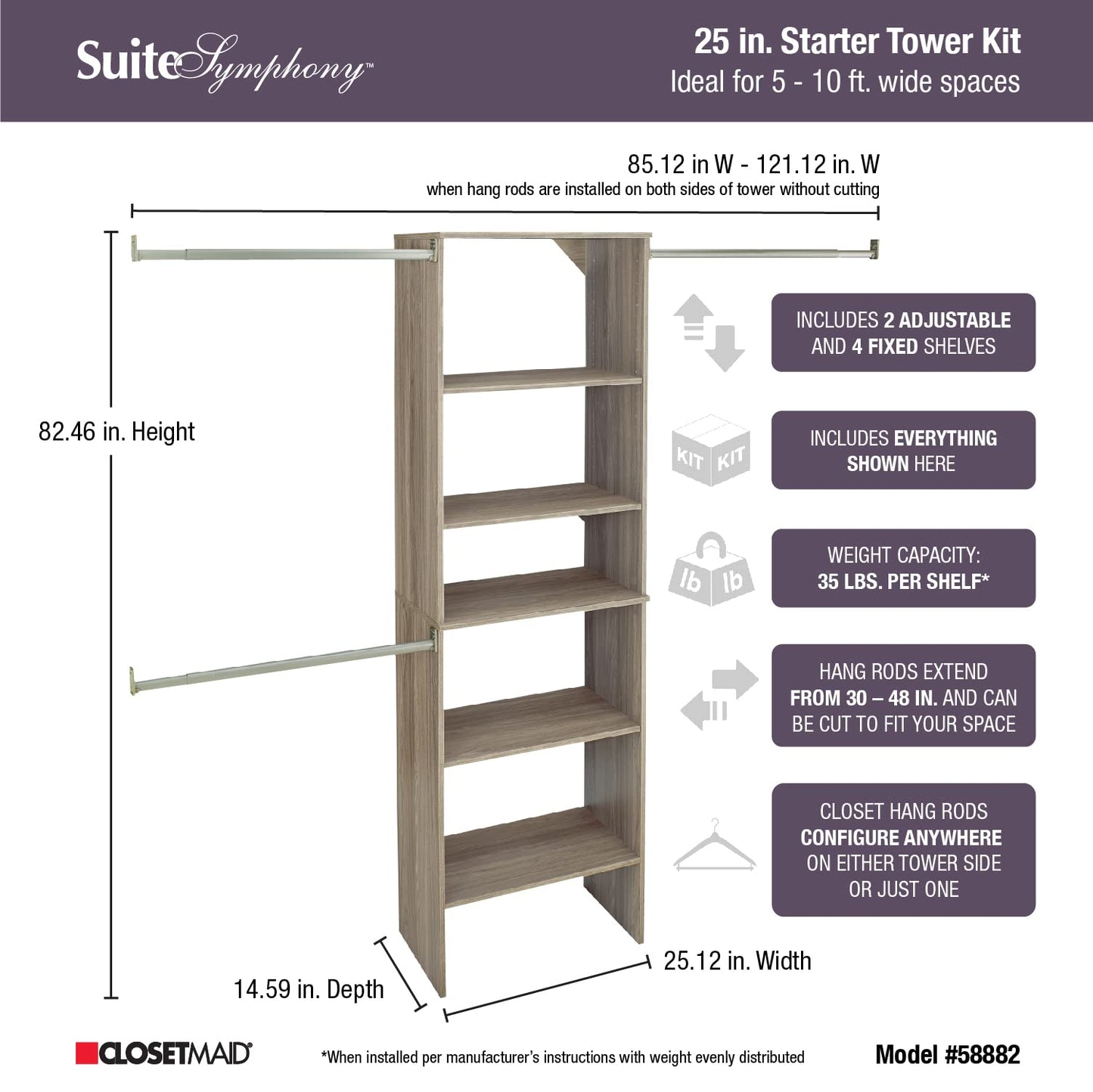 ClosetMaid SuiteSymphony Wood Closet Organizer Starter Kit with Tower and 3 Hang Rods, Shelves