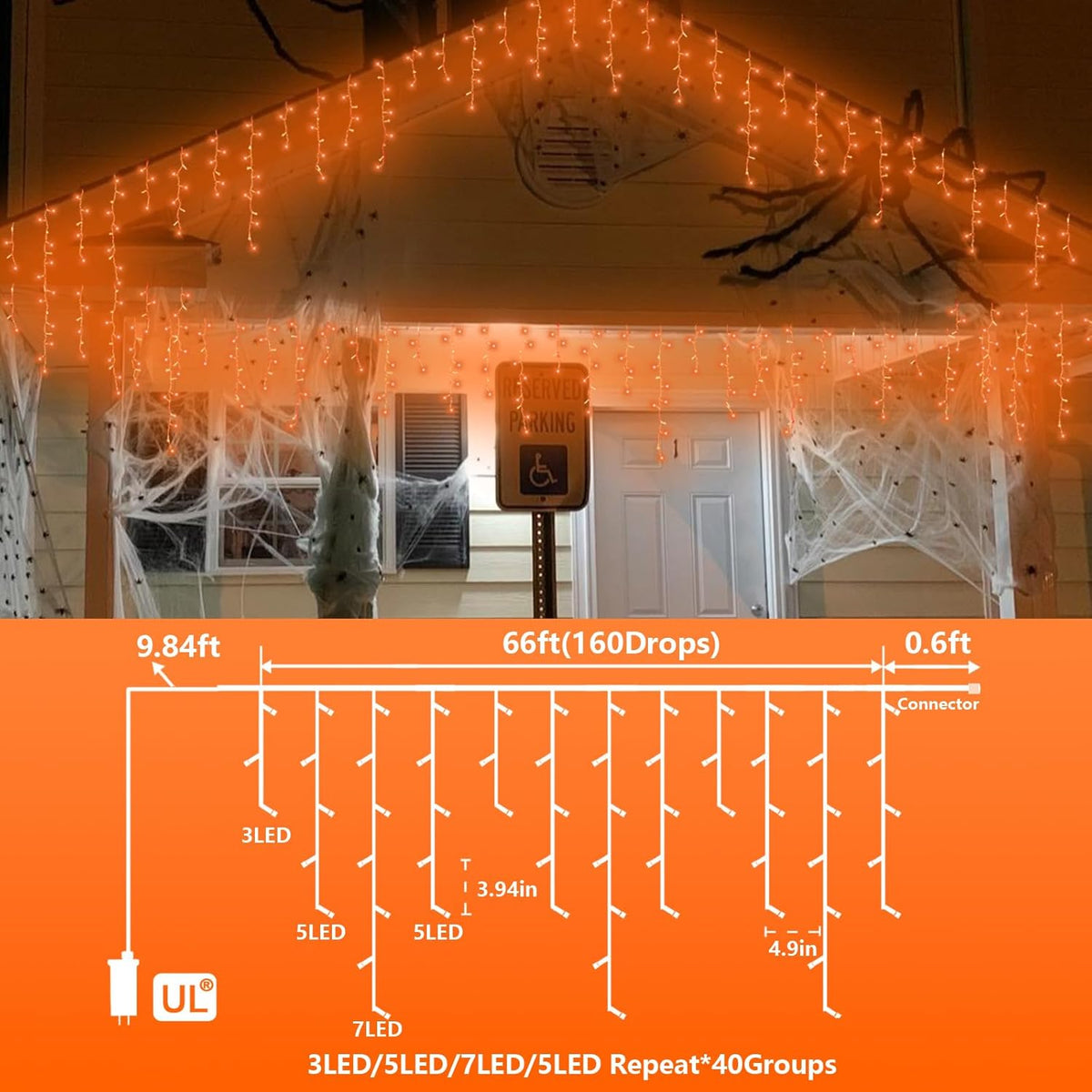 YEGUO 66ft 800 LED Orange Halloween Lights, Connetable Icicle Light Outdoor Waterproof, 8 Modes