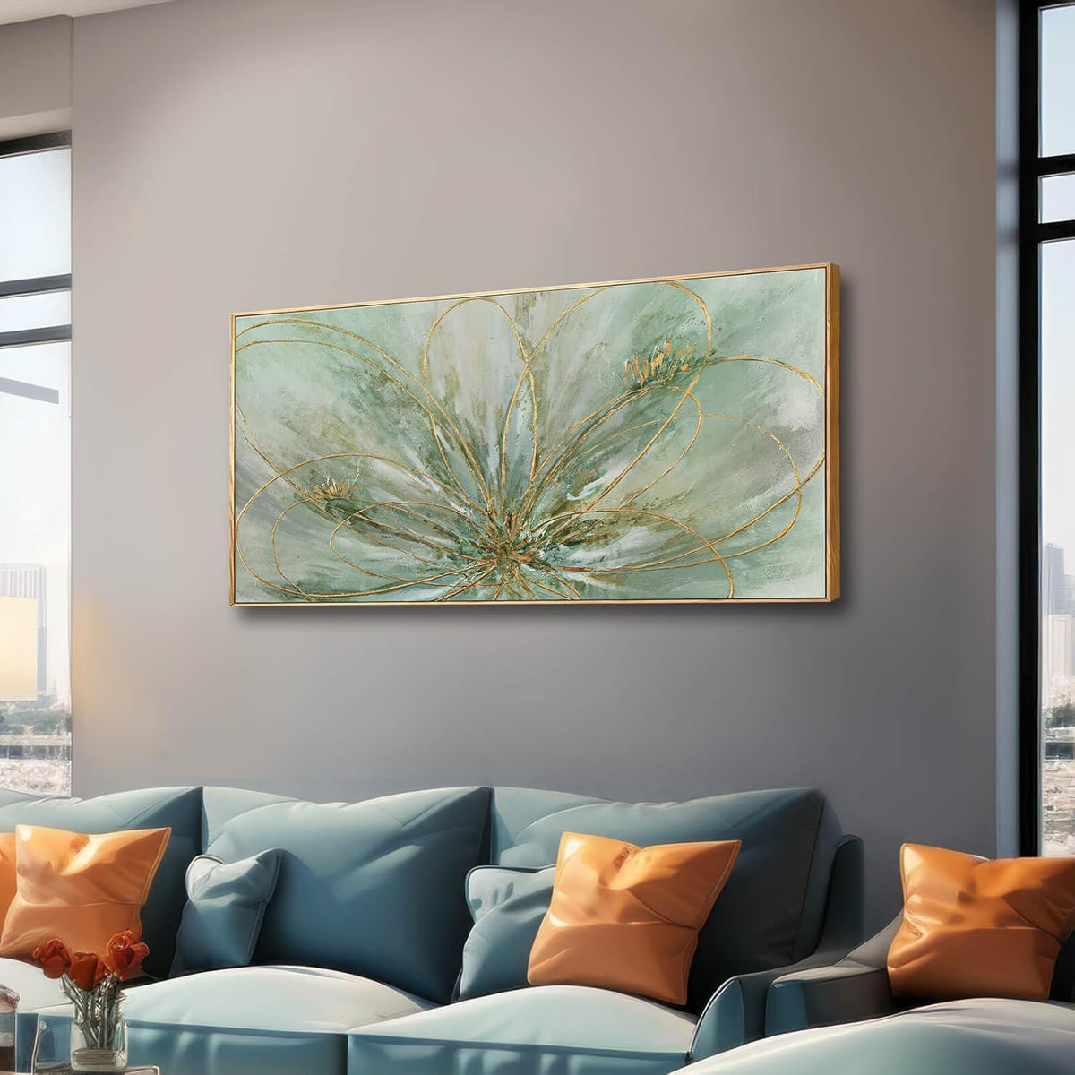 YJYart Green Abstract Canvas Artwork Flowers Wall Decor for Office Line Art Painting 24"x 48"