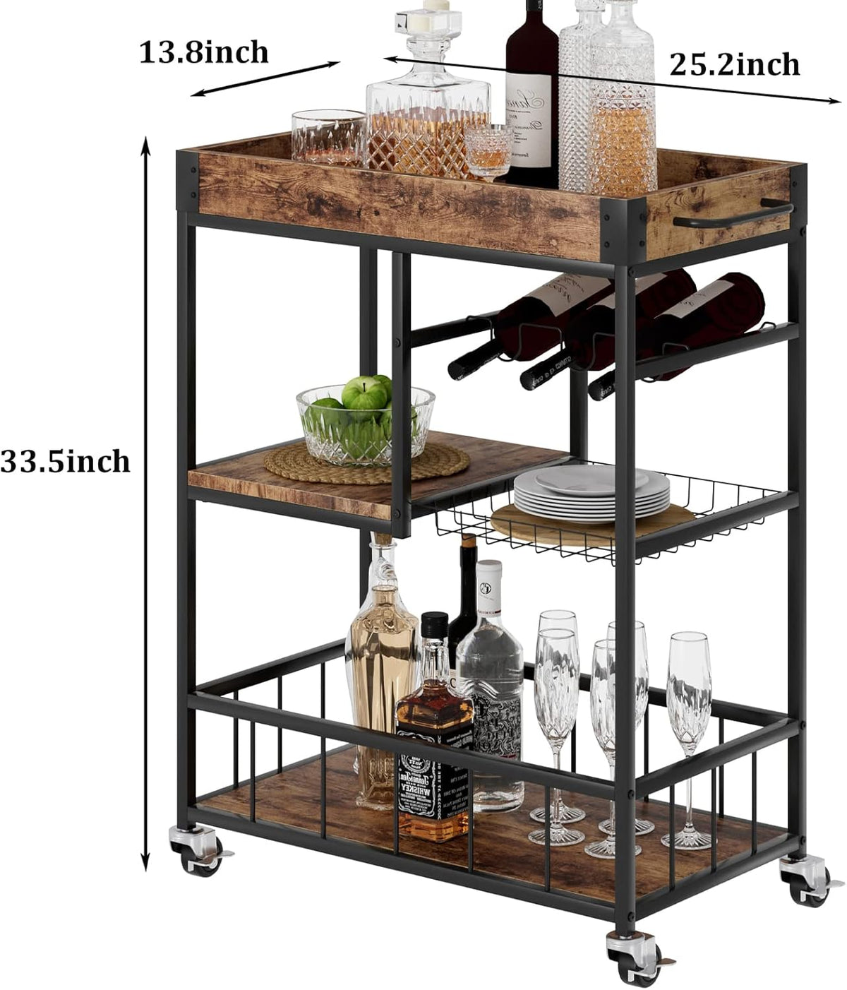 Bar Cart with Basket 3 Tiers Home Rolling Wine Rack with Wheels Mobile Kitchen Industrial Vintage