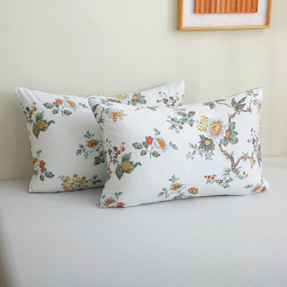 ABREEZE Floral Duvet Cover King Size Set Bird Flowers Bedding Set 100% Brushed Cotton Bedding