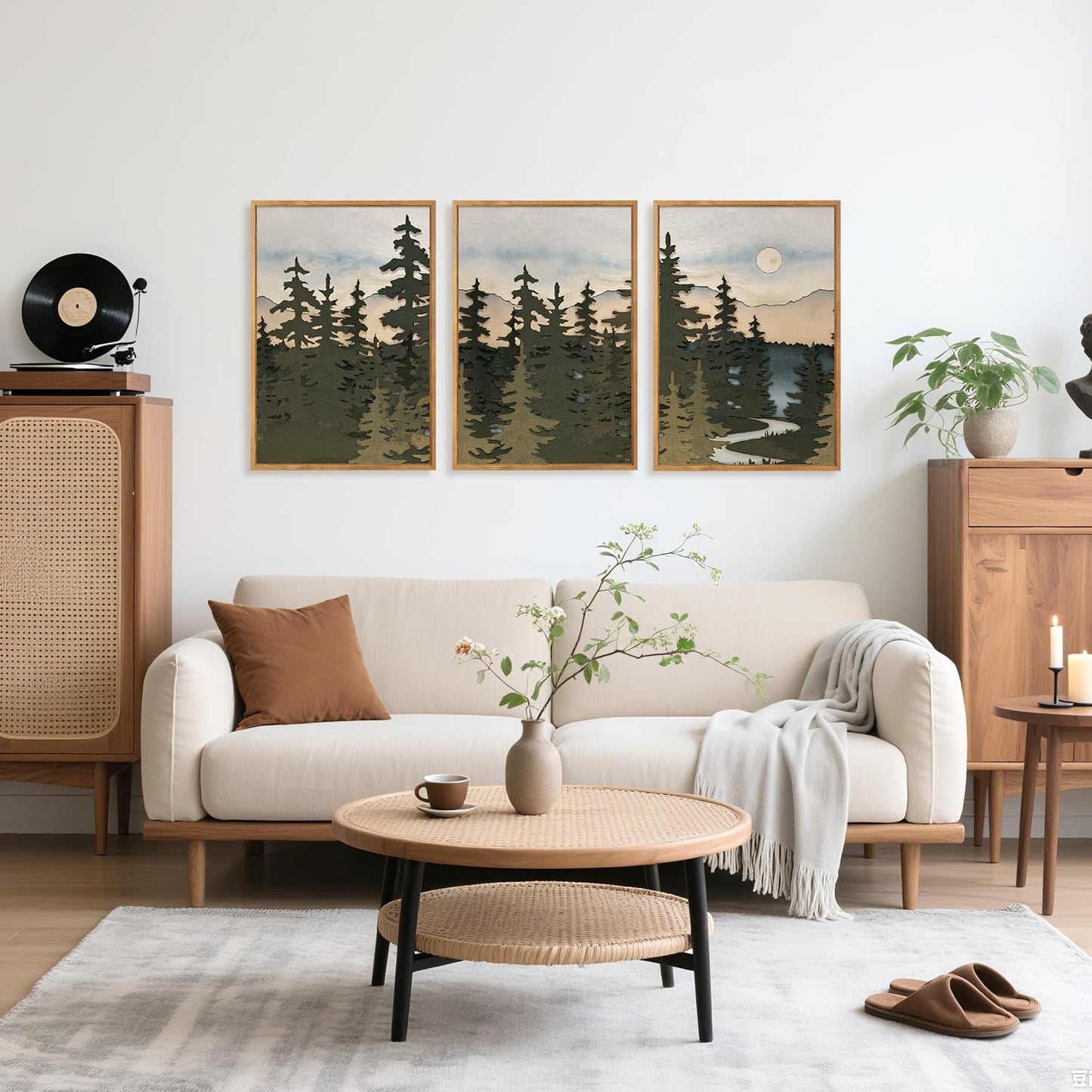 HPNIUB Vintage Mountain Framed Canvas Wall Art Set, Boho Sunrise Art Prints, Forest Nature