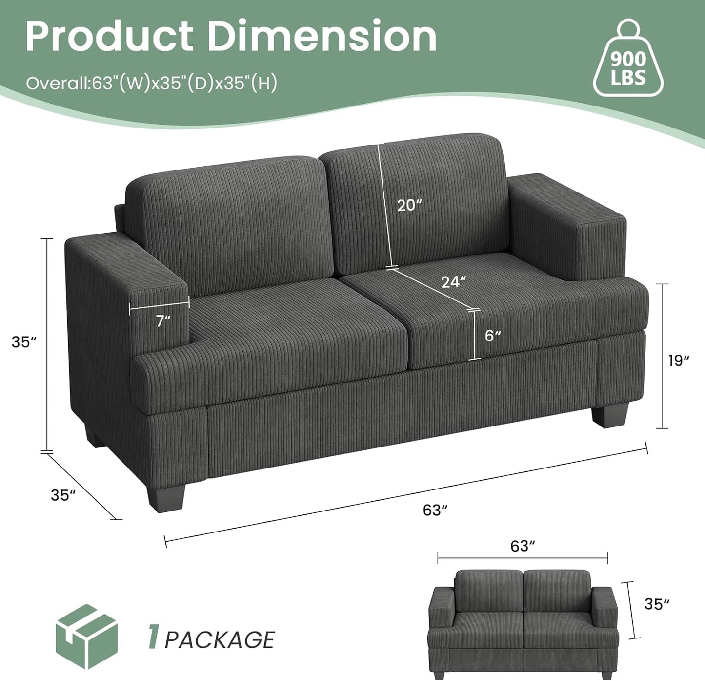 2 Pieces Corduroy Couch Set for Living Room, Black Cloud Sofa, Deep Seat Floor Couch for Bedroom