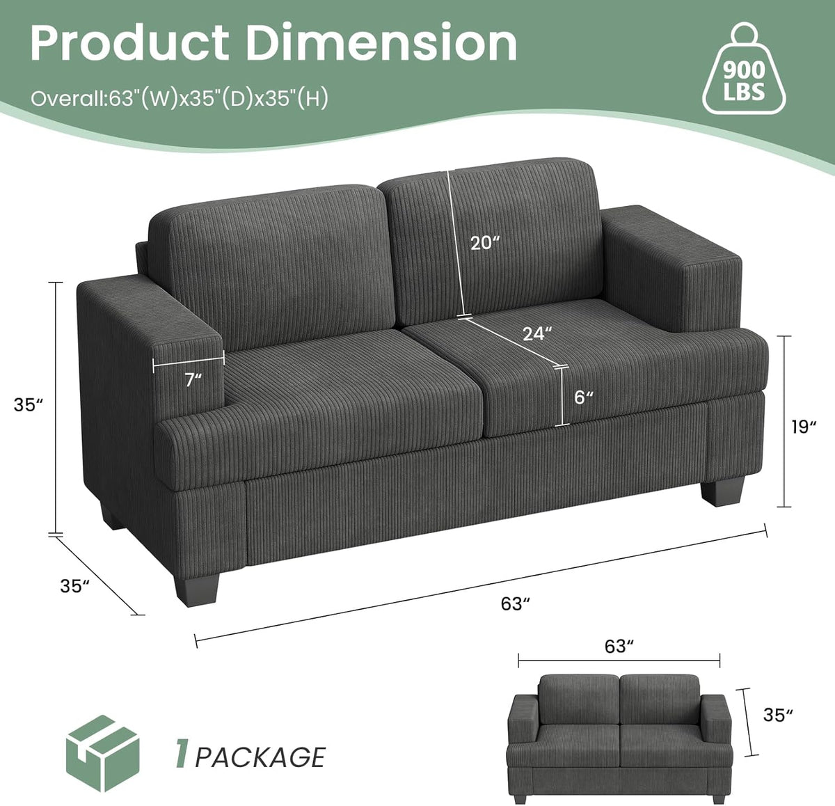 2 Pieces Corduroy Couch Set for Living Room, Black Cloud Sofa, Deep Seat Floor Couch for Bedroom