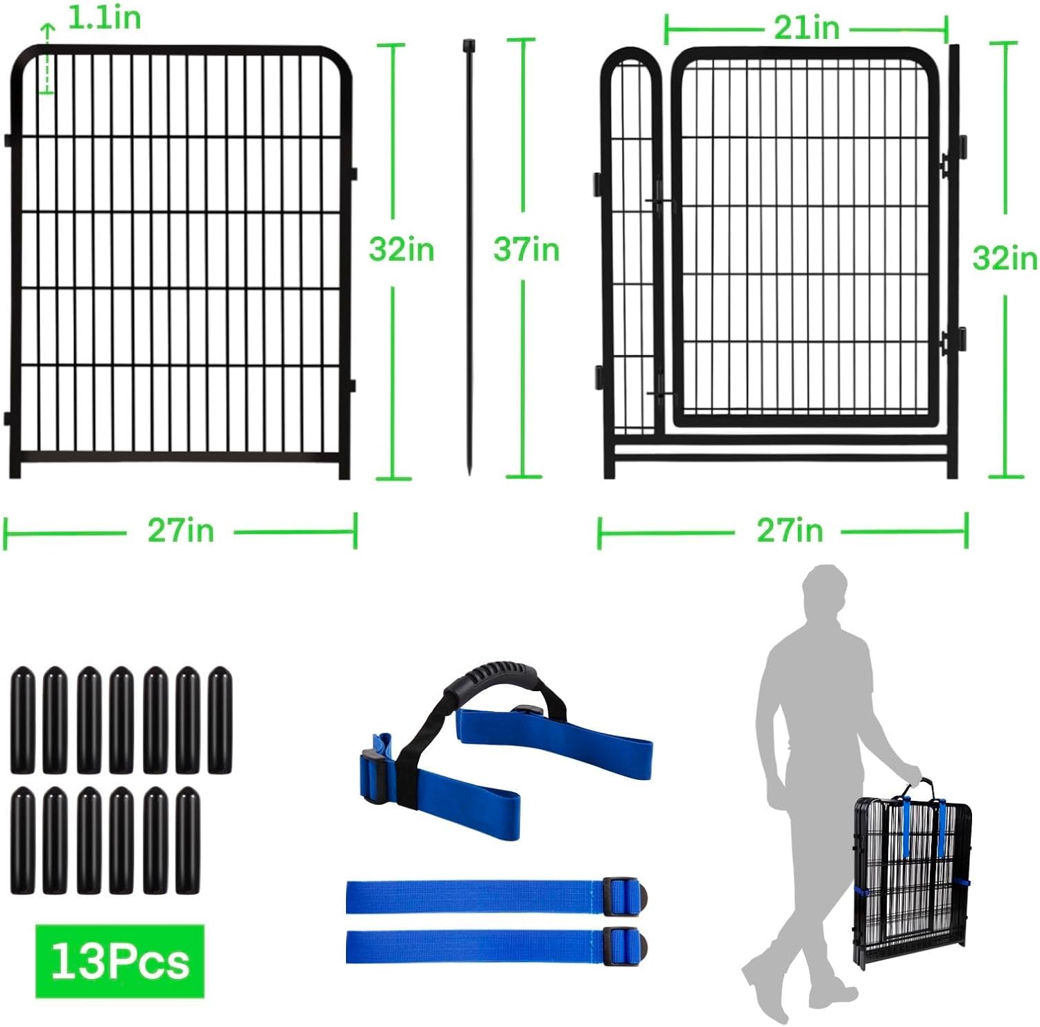 32 in(H) Dog Fence Outdoor For Yard, 21 in Wide Low Threshold Gate, 12 Panels Total 26.6 Ft(L)
