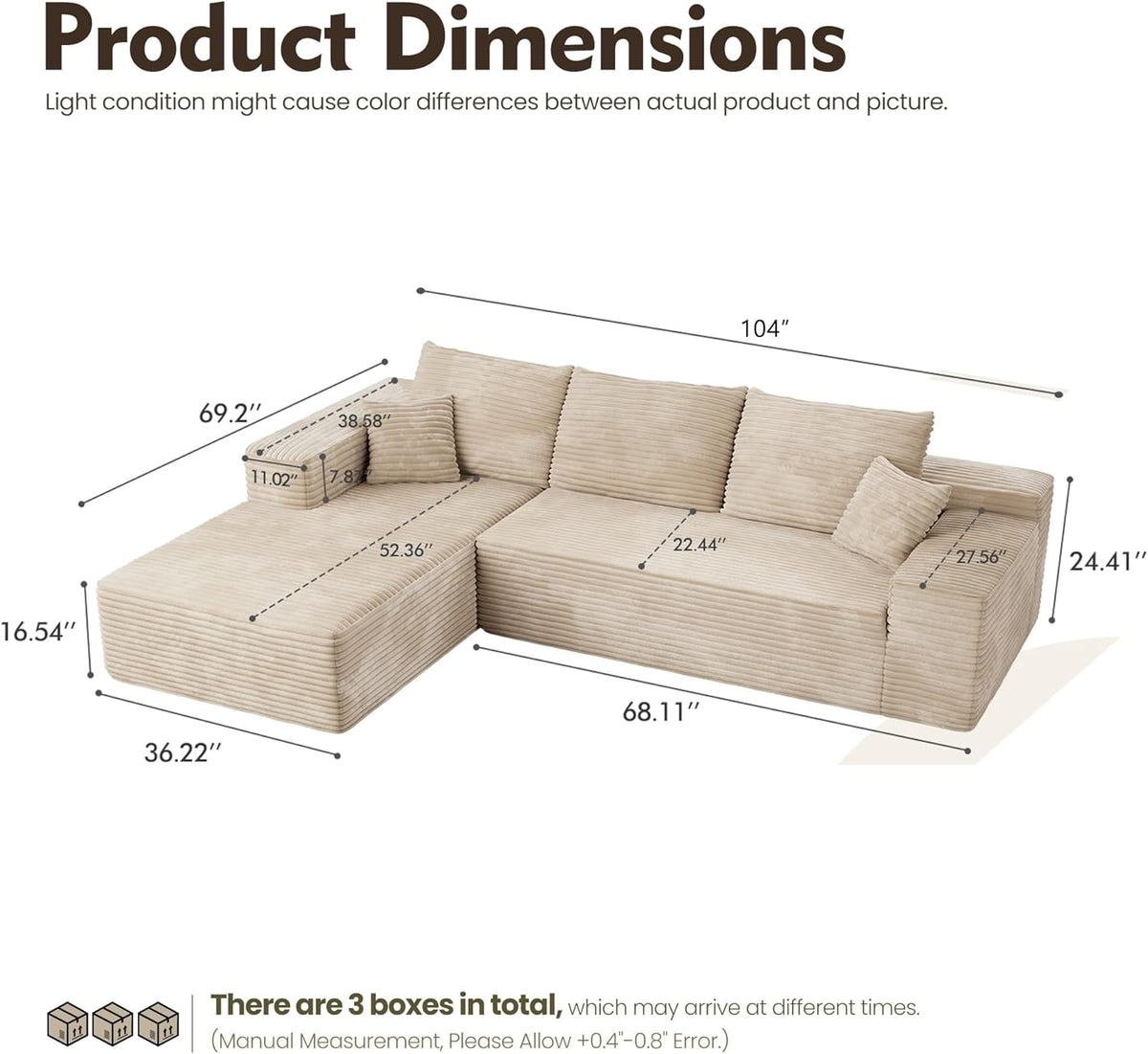 HOOOWOOO Cloud Sectional Couches for Living Room,Modular Sectional Sofa No Assembly,Plush Corduroy