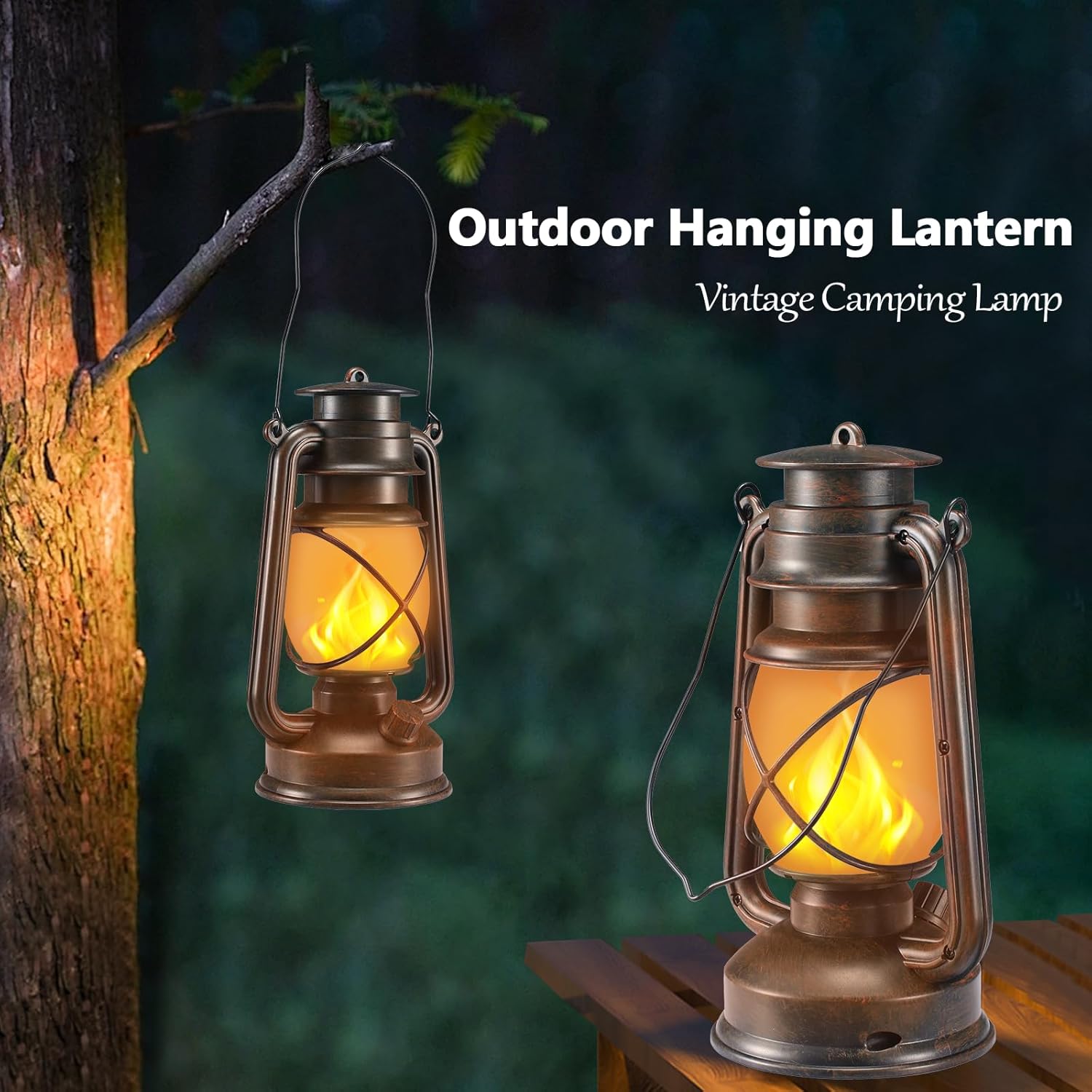 Outdoor Lanterns Waterproof Hanging Vintage LED Camping Lamps with Dancing Flame Non-Solar Remote