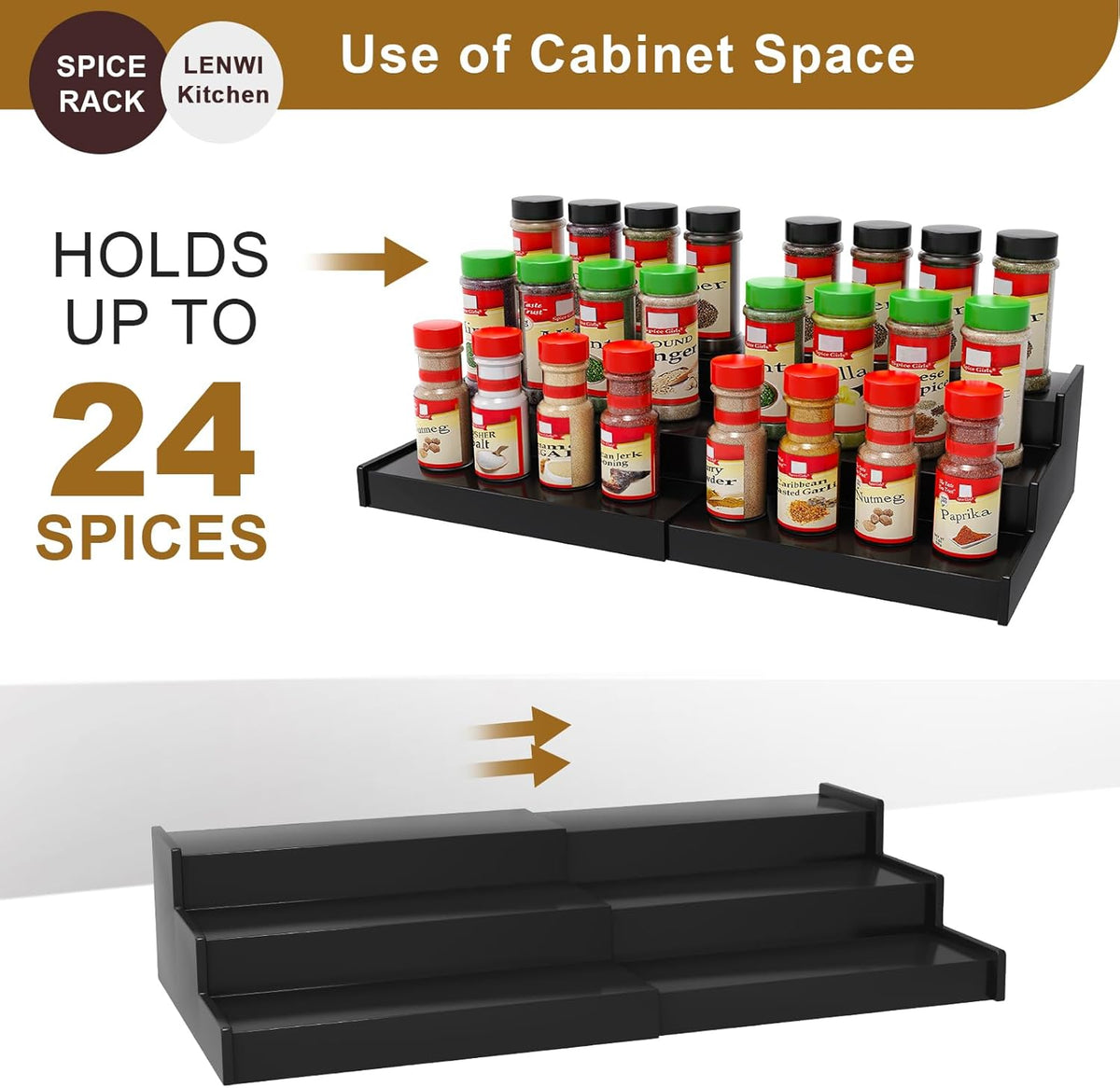 Spice Rack Organizer for Cabinet, 3 Tier Expandable Bamboo Spice Storage, Great for Kitchen