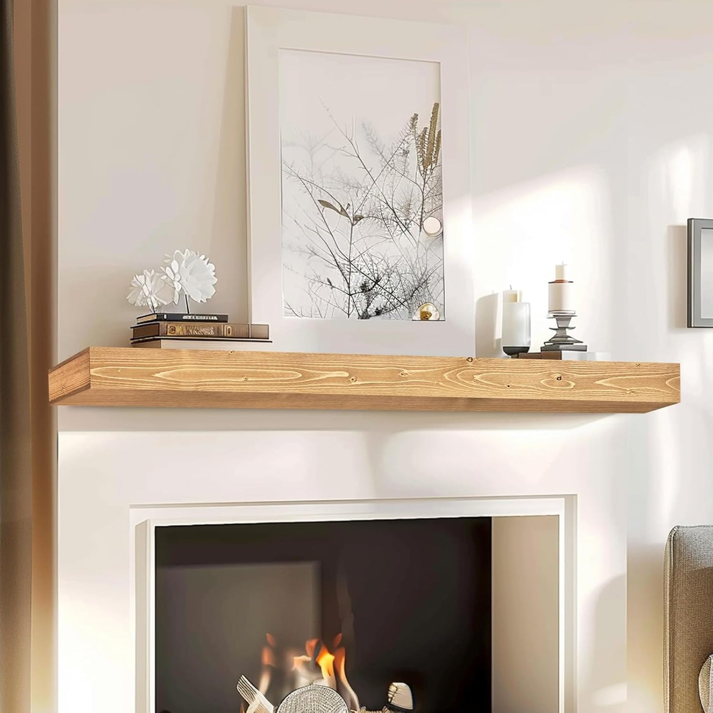 60x8x3 Fireplace Mantel - Handcrafted Hollow Rustic Solid Wood Wall Mounted Floating Shelf with