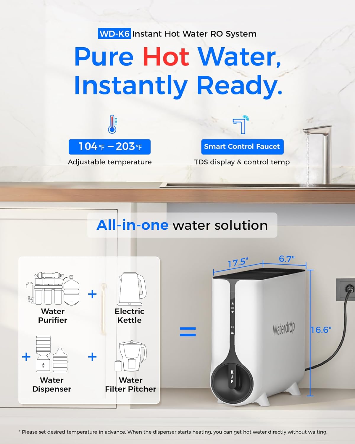 Waterdrop Reverse Osmosis System, Instant Hot Water Dispenser, 600 GPD, Reduce PFAS, Tankless, 2:1