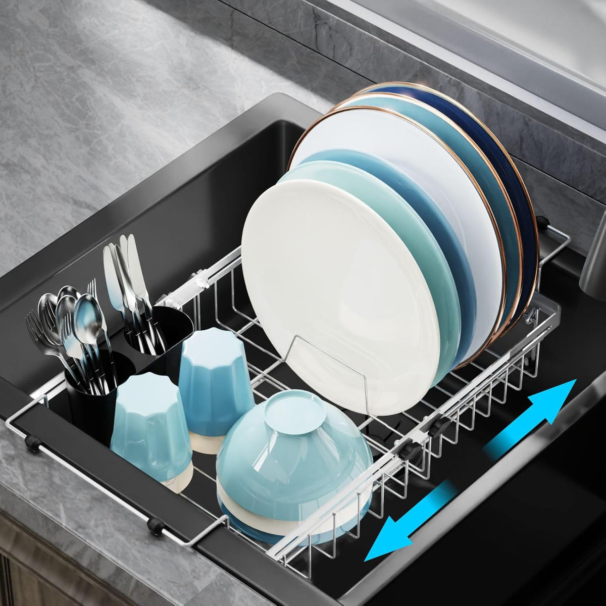 GSlife in Sink Dish Drying Rack - Stainless Steel Capacity Expandable Over The Sink Dish Drainer