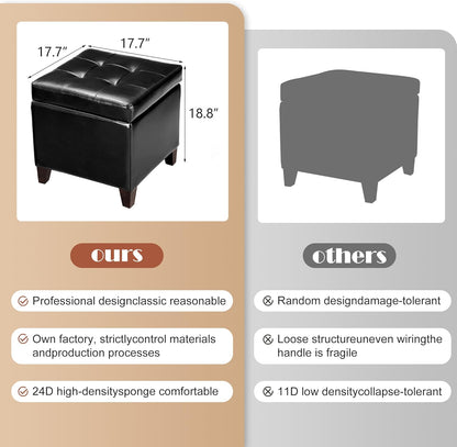 Adeco Storage Ottoman Foot Rest Stool, Leather Ottoman Footstool with Wood Legs and Hinged Lid, 18"