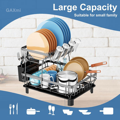 GAXmi Dish Drying Rack Over The Sink Dish Drainer with Drainboard Utensil Holder Cup Holder, 2-Tier
