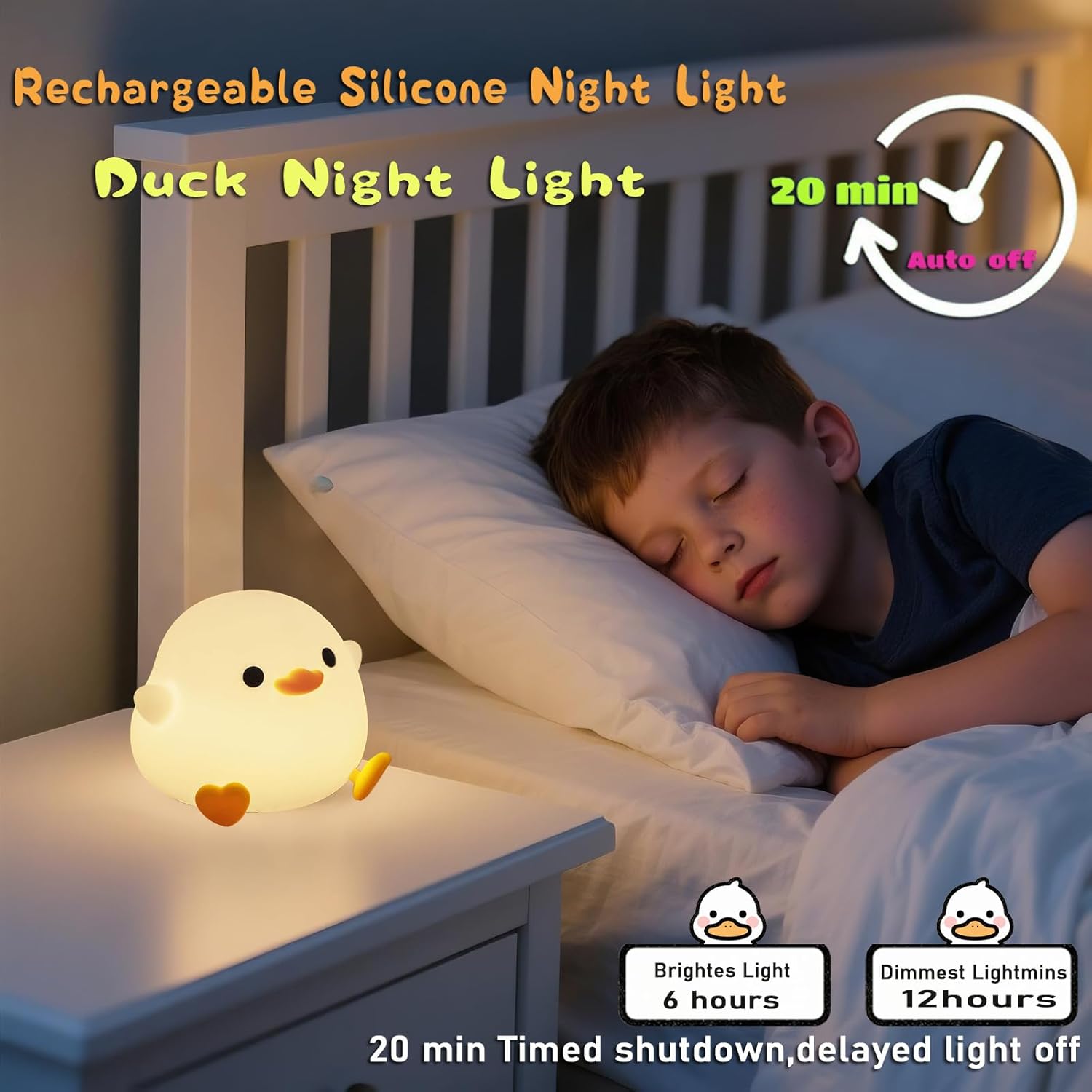 HAPPYBAG Cute Pea Duck Night Light,Duck Lamp,2 Levels Dimmable Silicone Ducky Light,LED Squishy