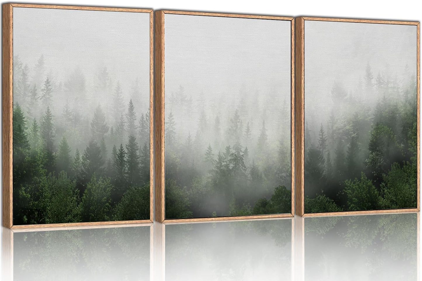 HPINUB Misty Green Forest Framed Canvas Wall Art Set, Nature Scenery Modern Wall Decor, Foggy