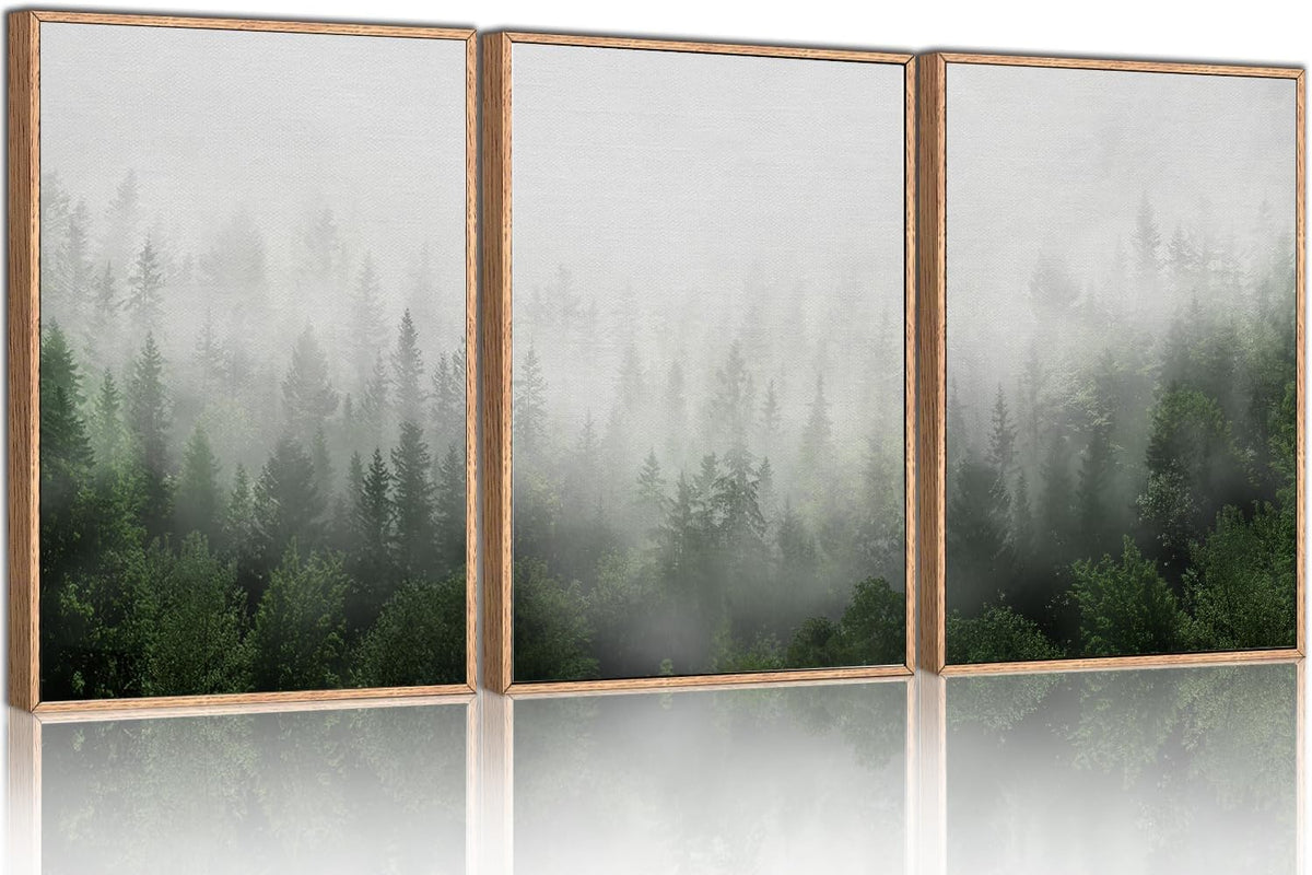 HPINUB Misty Green Forest Framed Canvas Wall Art Set, Nature Scenery Modern Wall Decor, Foggy