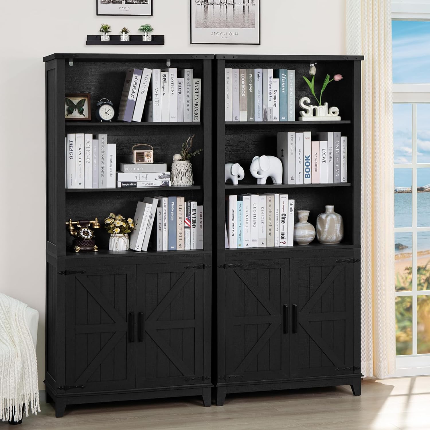 70in Tall Bookshelf 5 Tier Bookcase with Barn Doors and Adjustable Shelves, Black Farmhouse Book