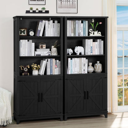 70in Tall Bookshelf 5 Tier Bookcase with Barn Doors and Adjustable Shelves, Black Farmhouse Book