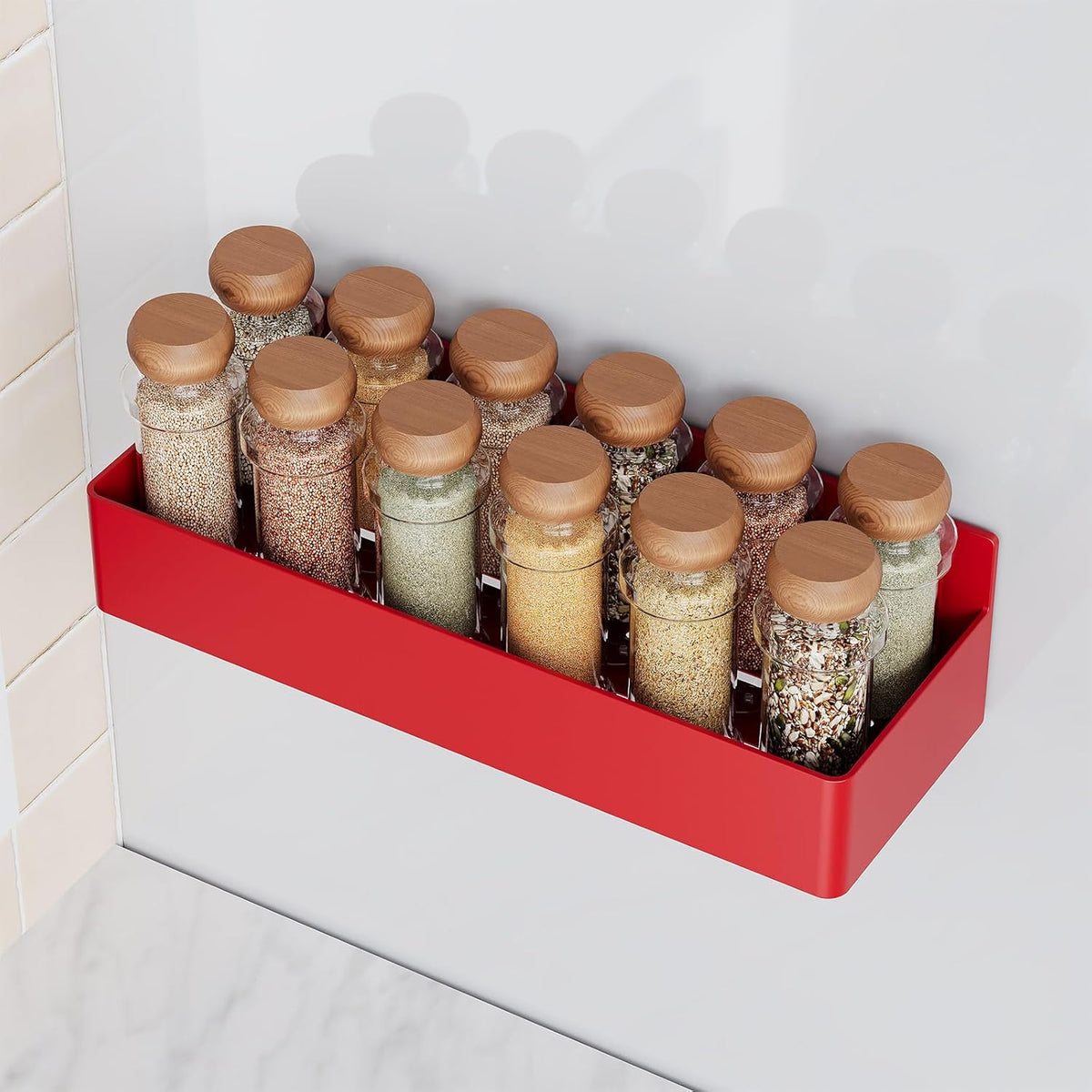 Magnetic Spice Rack for Refrigerator, Kitchen Organizer and Storage Shelf, Red (4 Pack)…