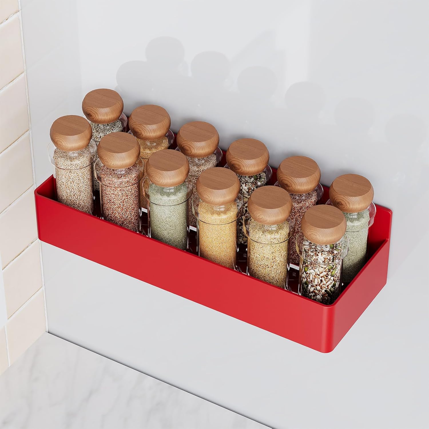 Magnetic Spice Rack for Refrigerator, Kitchen Organizer and Storage Shelf, Red (4 Pack)…