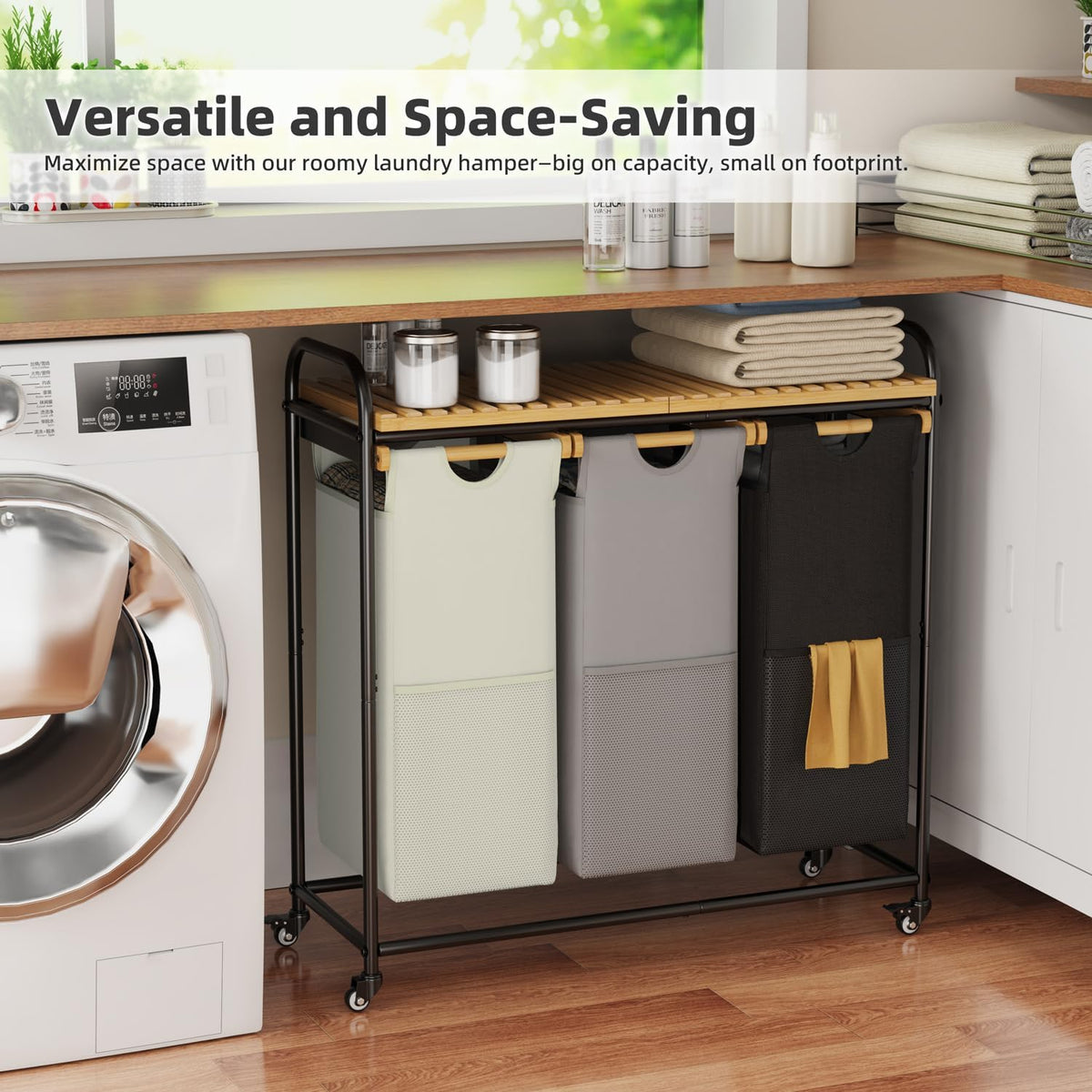 Laundry Hampers 3 Section, Laundry Sorter with Removable Shelf and Pull-Out Bags, Clothes Hampers