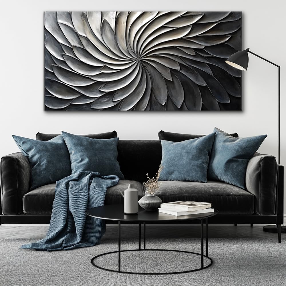 LASMOND Abstract Black and White Wall Art for Living Room Modern Canvas Print Painting Lines Flower