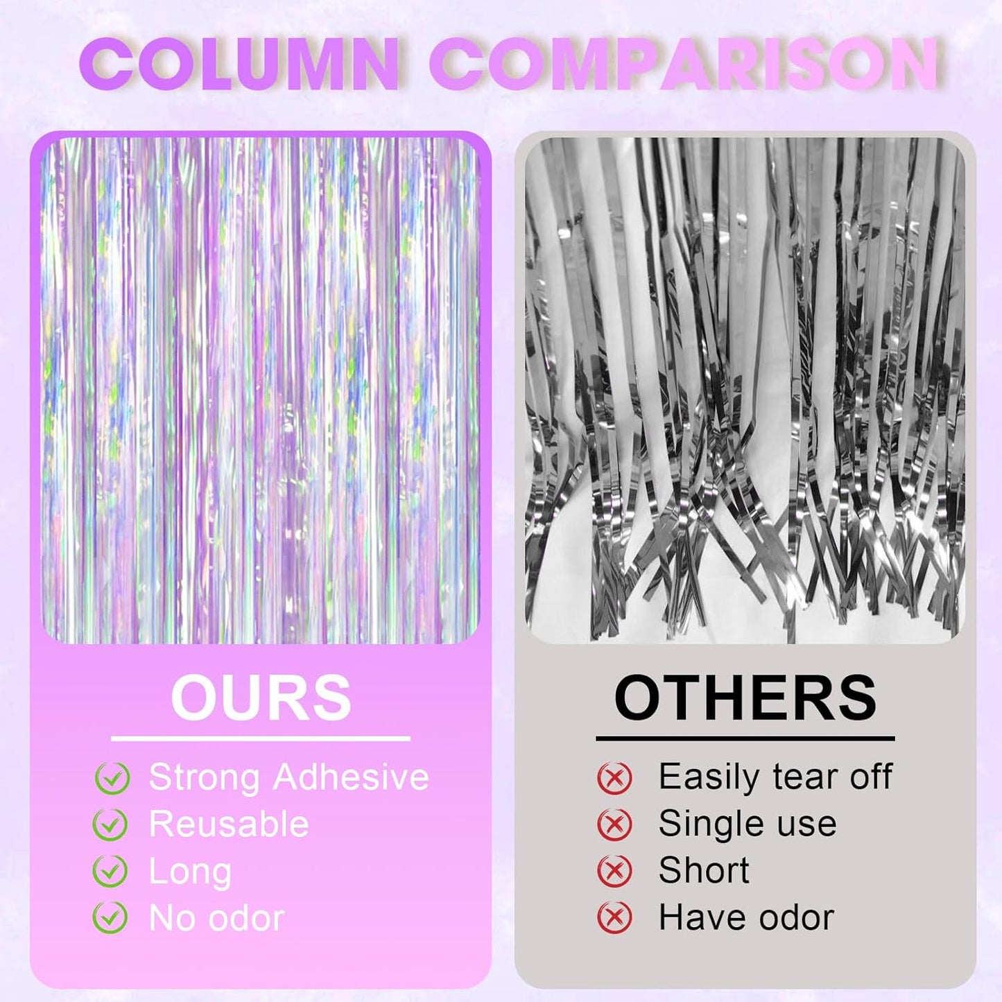 Iridescent Party Backdrop 3Packs, Transparent Tinsel Foil Fringe Curtain Streamers for Girls