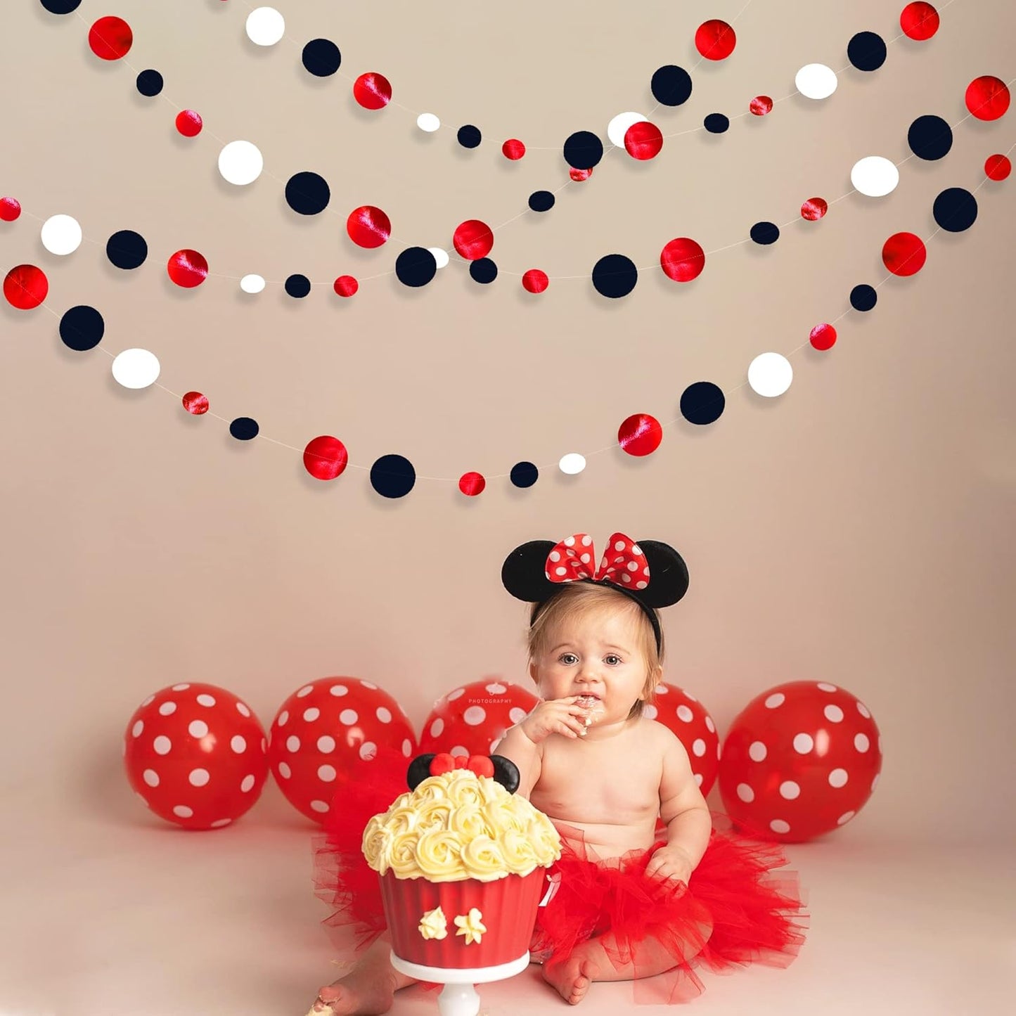 46 Ft Red Black and White Circle Dots Garland Hanging Paper Polka Dots Streamer for Graduations